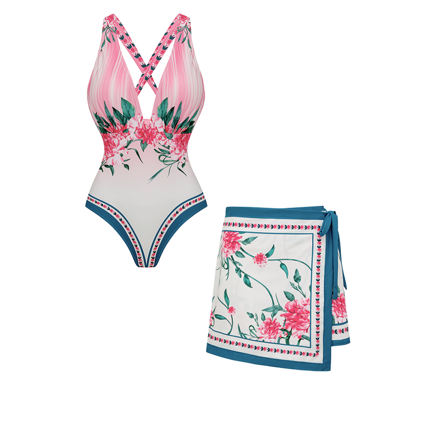 [Copy]V Neck Dark Cyan Botanical Flower Print Swimsuit Set(s)
