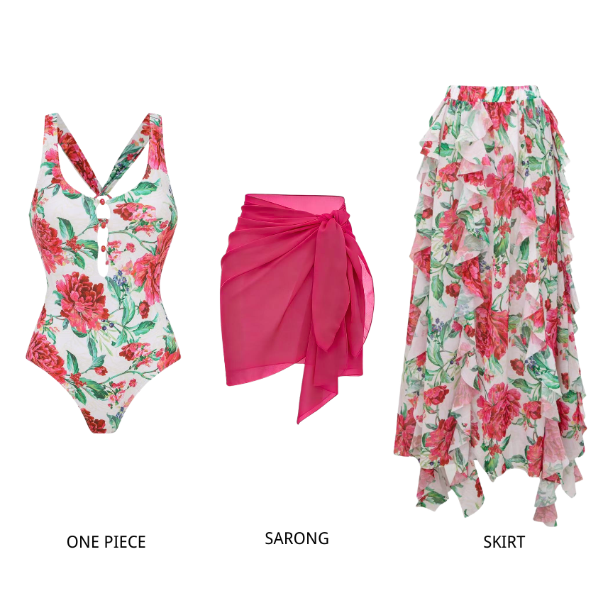 [Copy]Color-Blocked Blooming Flower Print Swimsuit Set(s)