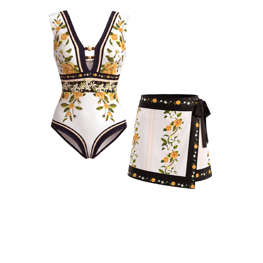 [Copy]V Neck Bead Accents Blue-Pink-Orange Ombre Flower Print Swimsuit Set(s)