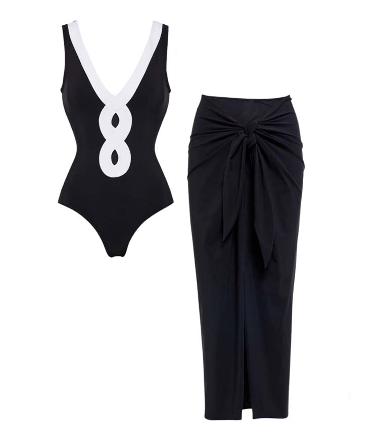 Cutout V Neck Color Block One Piece Swimsuit And Sarong