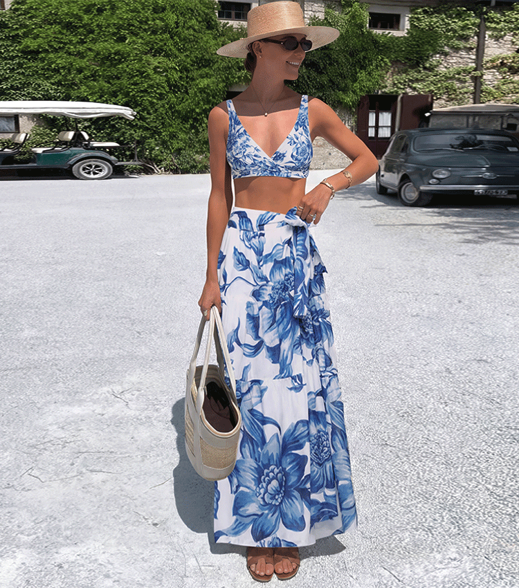 V Neck Blue Print High Wasit Bikini Swimsuit Set(s)