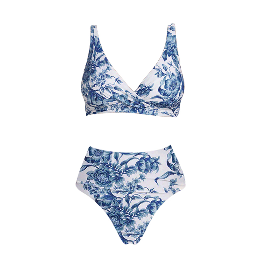 V Neck Blue Print High Wasit Bikini Swimsuit Set(s)