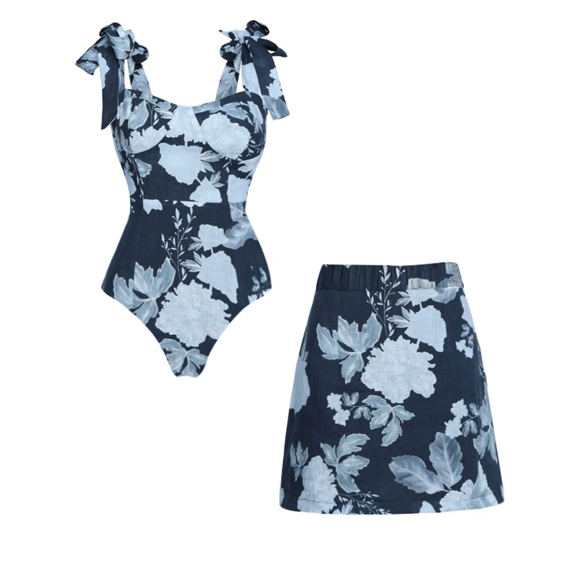 Tie-shoulder Blue Flower Print Swimsuit Set(s)