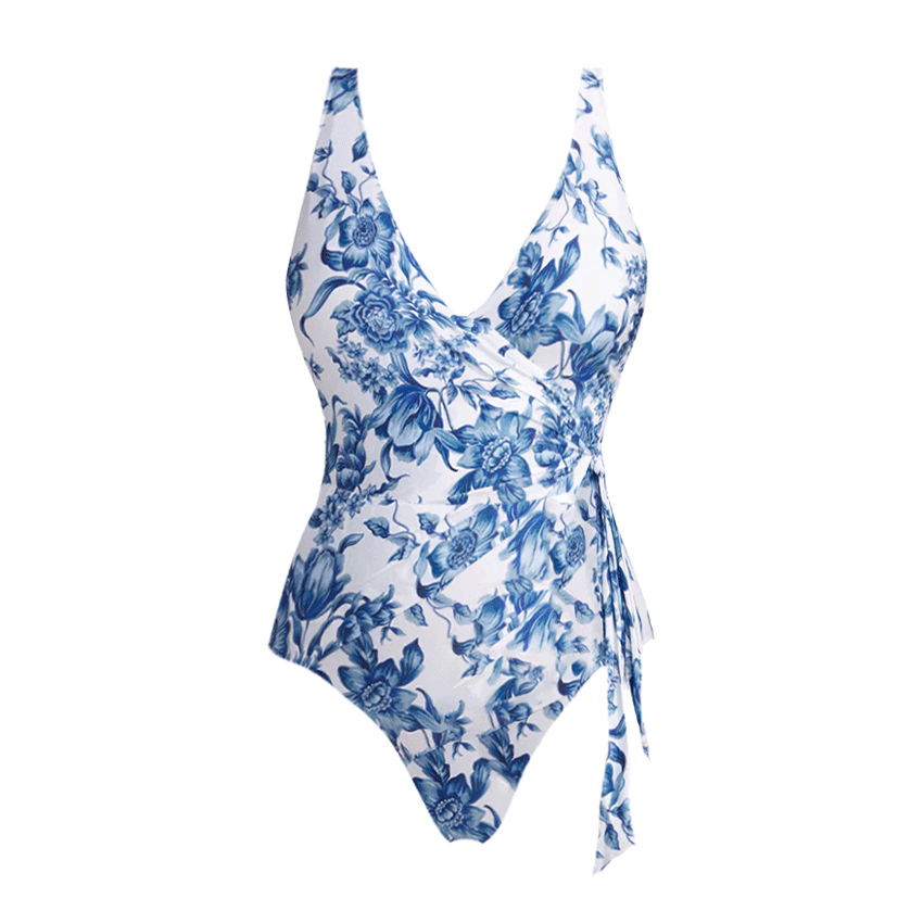 V Neck Blue Print Lace Up Swimsuit Set(s)