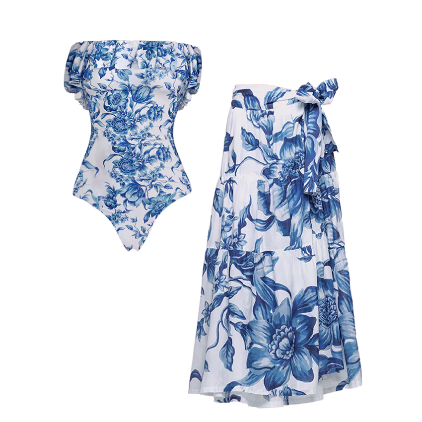 Bandeau Ruffle Blue Print Swimsuit Set(s)