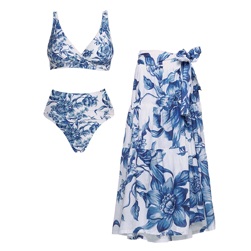 V Neck Blue Print High Wasit Bikini Swimsuit Set(s)
