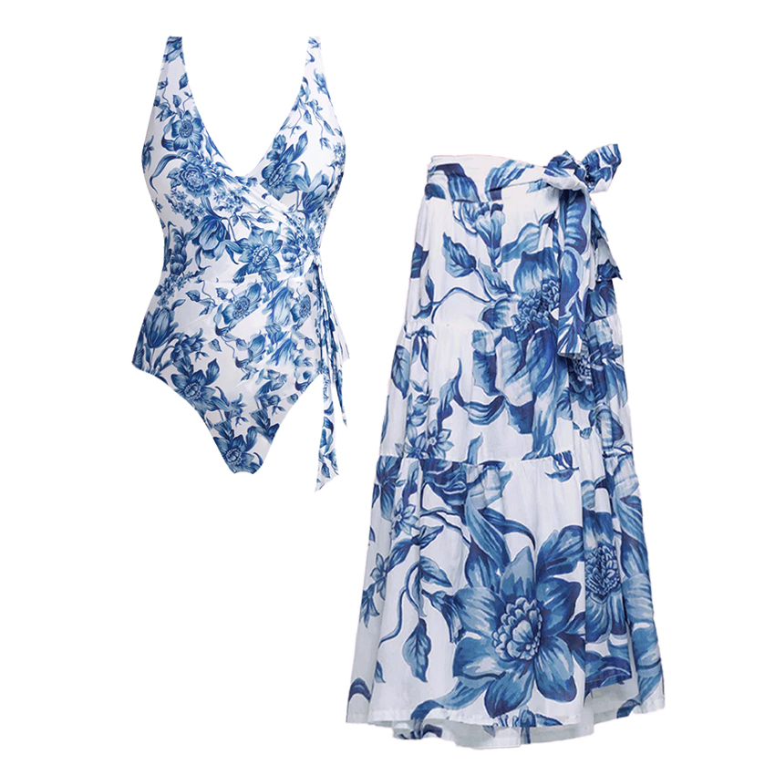 V Neck Blue Print Lace Up Swimsuit Set(s)