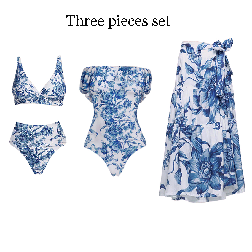 V Neck Blue Print High Wasit Bikini Swimsuit Set(s)