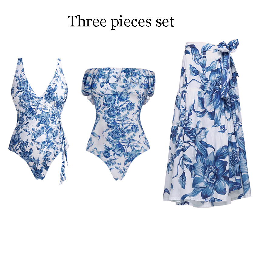 Bandeau Ruffle Blue Print Swimsuit Set(s)