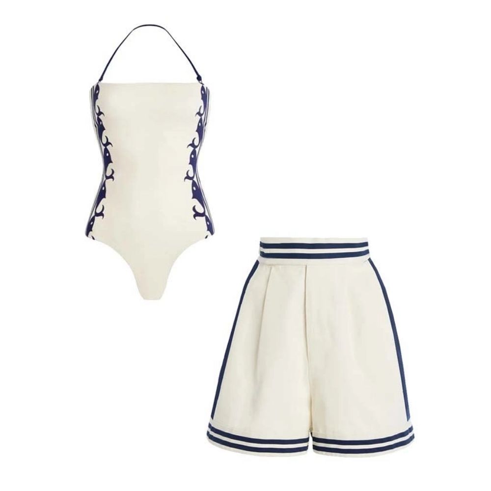 Navy Style Printed One Piece Swimsuit and Shorts