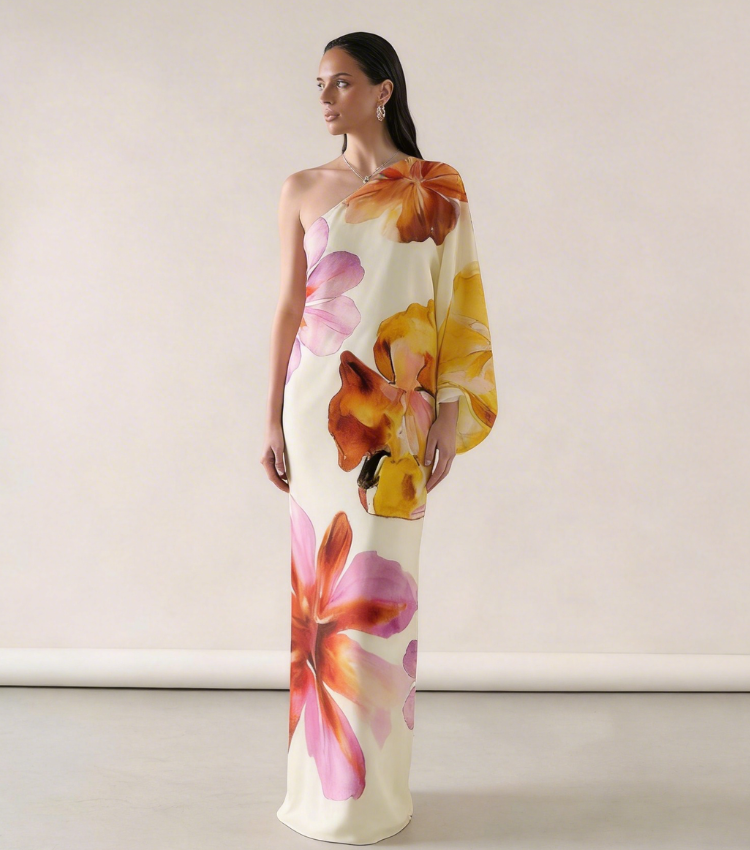One-Shoulder Watercolor Floral Dress