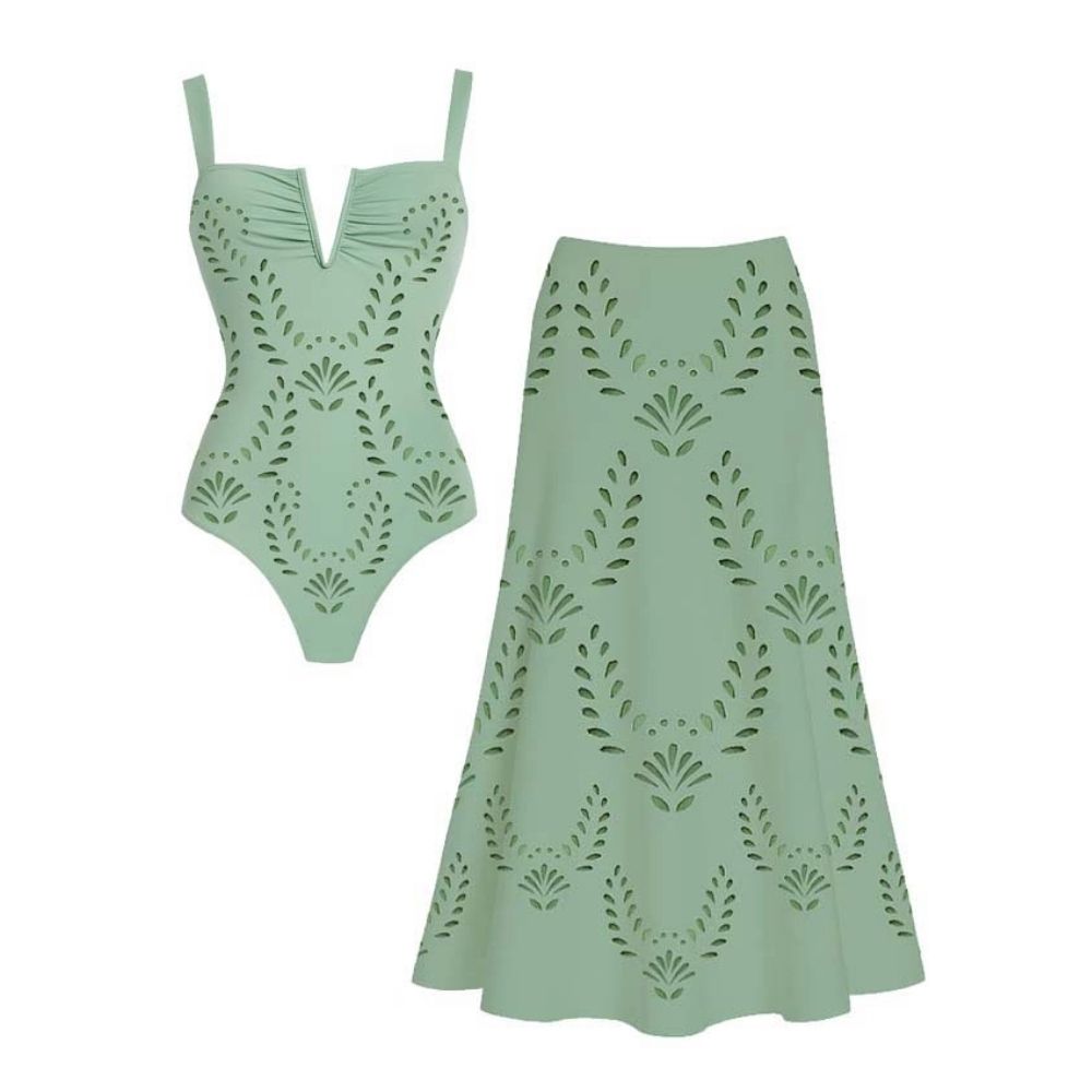 Hollow Out One Piece Swimsuit and Skirt
