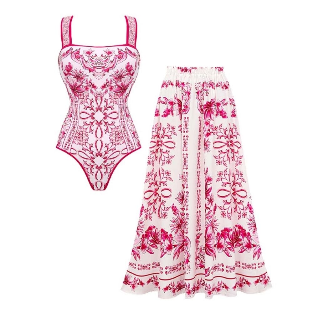 Sling Lily and Majolica Series Pattern Print One Piece Swimsuit and Skirt or Pants