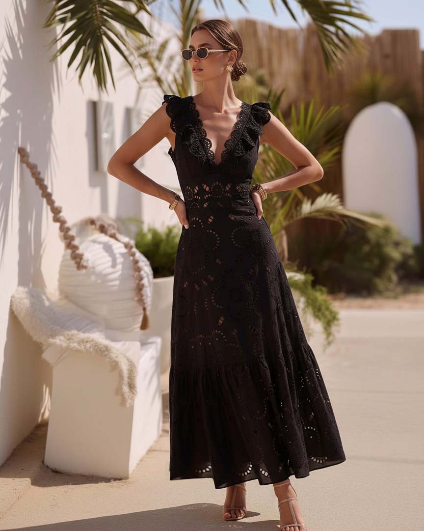 Ruffle Black Laser Cutting Flower Hollow Swimsuit Set(s)