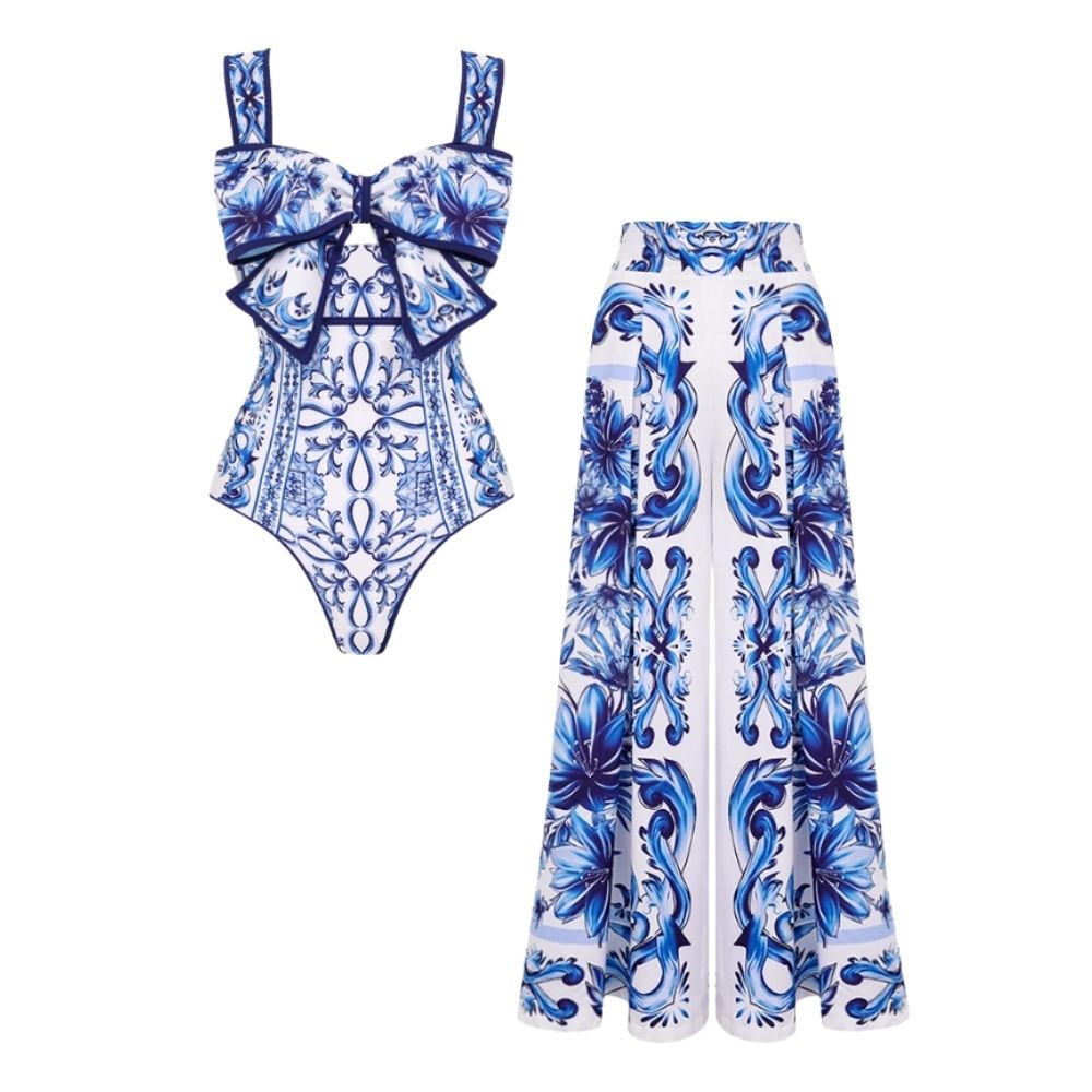 Bow Decor Majolica Print One Piece Swimsuit and Skirt or Pants