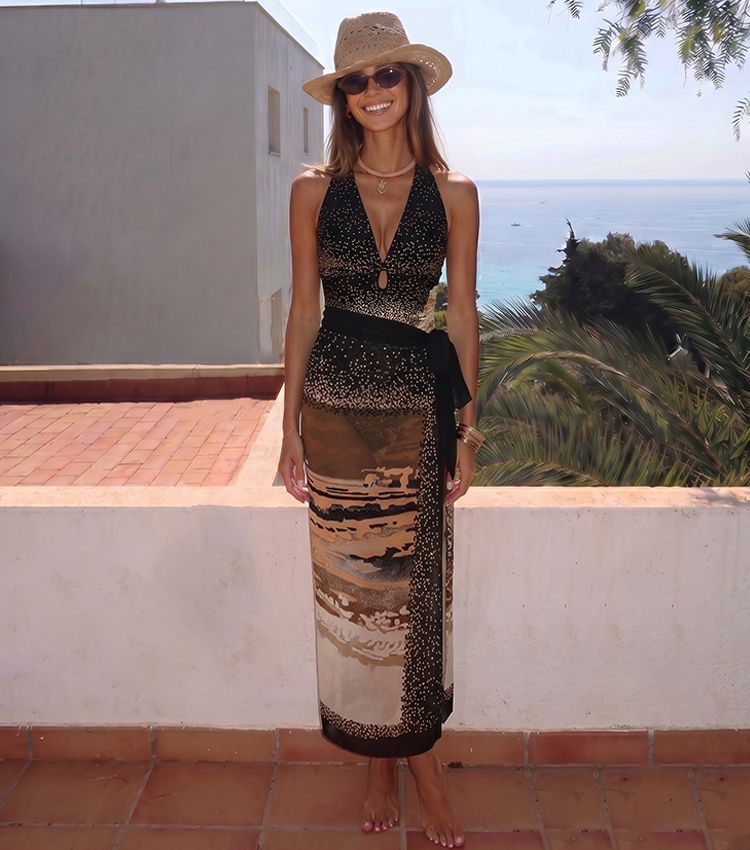 V Neck Black Printed Back Straps Swimsuit Set(s)