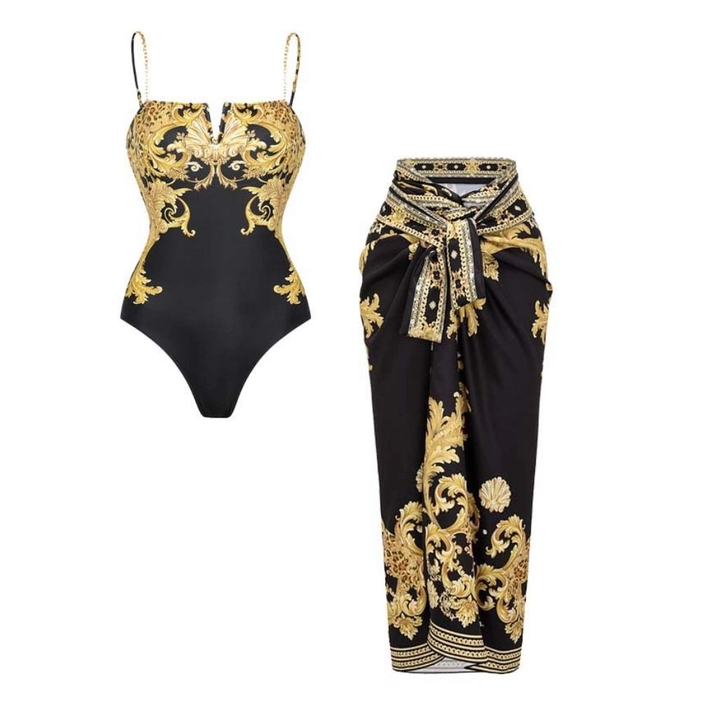 Vintage Black Gold Baroque Print Metal chain small V-neck One Piece Swimsuit and Skirt