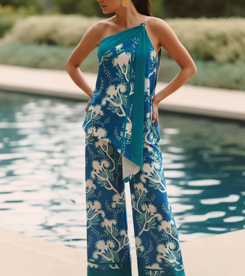 One-shoulder printed set