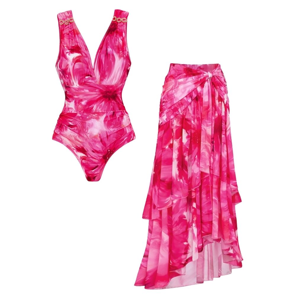 Floral Printed One Piece Swimsuit and Skirt