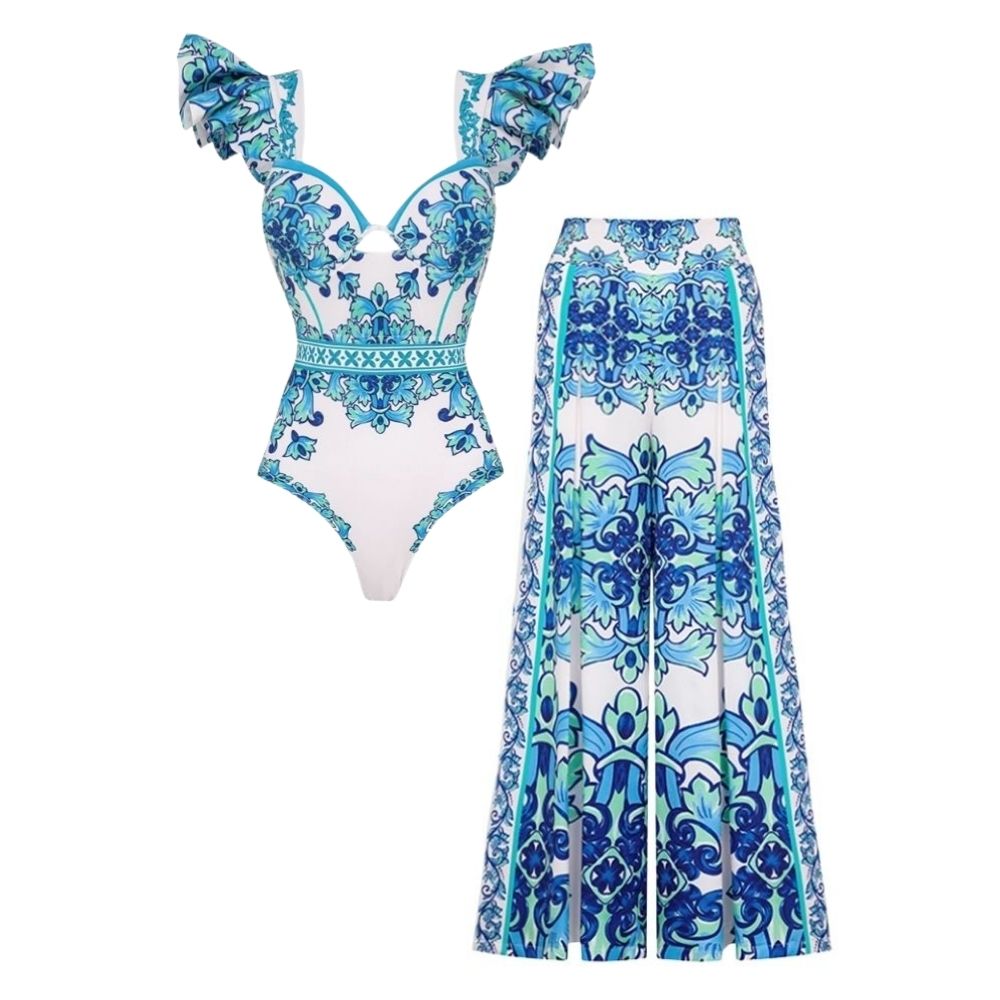 Ruffle Majolica Print One Piece Swimsuit and Sarong or Pants