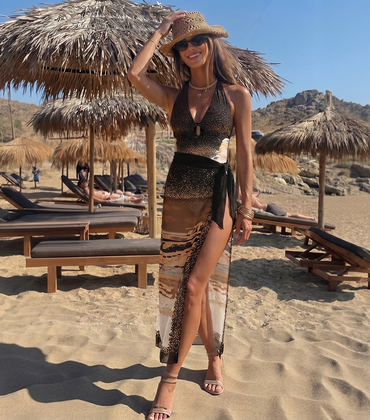 V Neck Black Printed Back Straps Swimsuit Set(s)