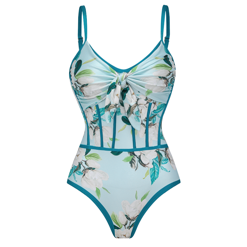 Light Cyan Slim & Sculpt Flower Print Swimsuit Set(s)