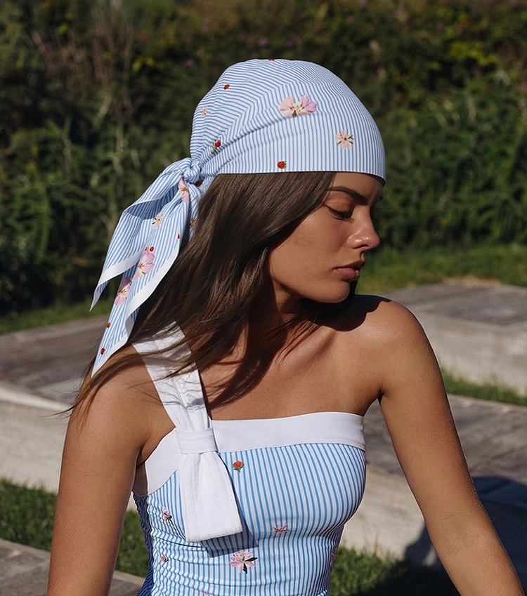 Blue Stripes Print Square Scarf