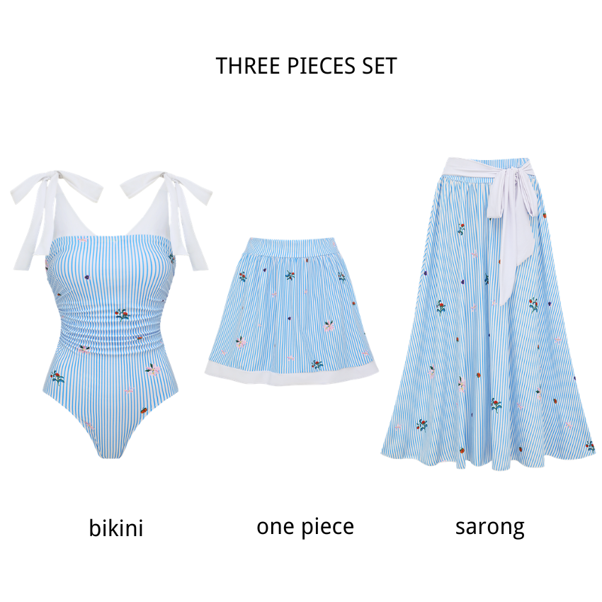 Tie-shoulder Blue Stripes Swimsuit Set(s)