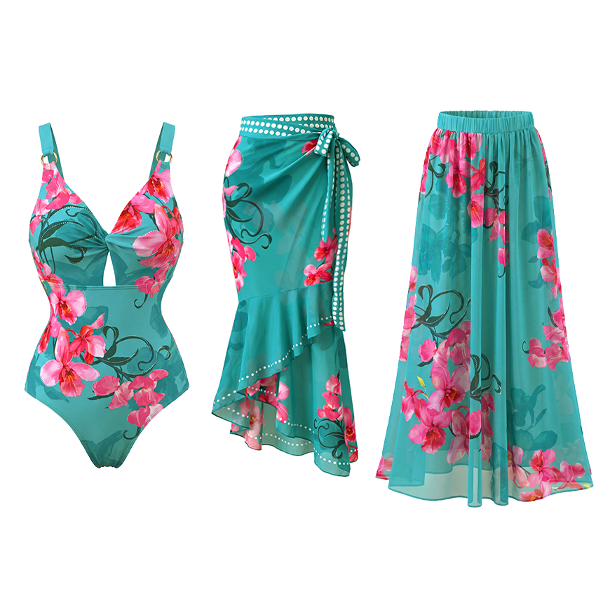 [Copy]V Neck Bead Accents Blue-Pink-Orange Ombre Flower Print Swimsuit Set(s)