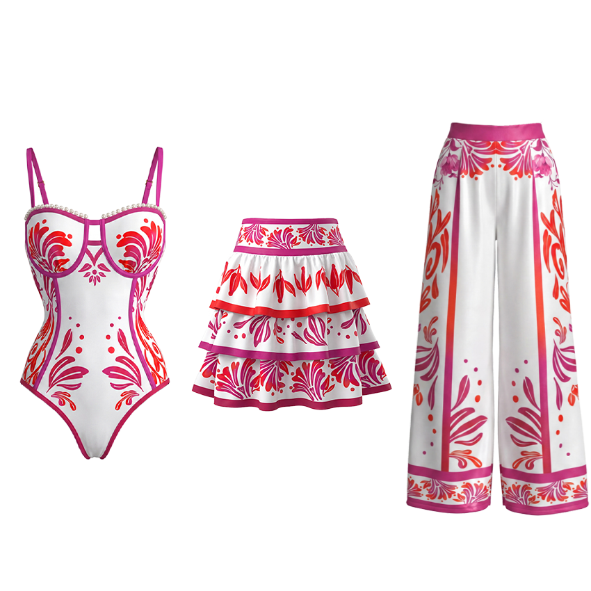 Pearl-Trimmed Fuchsia & Coral Print Corset Bathing SuiSlim & Sculpt Floral Swimsuit Set(s)