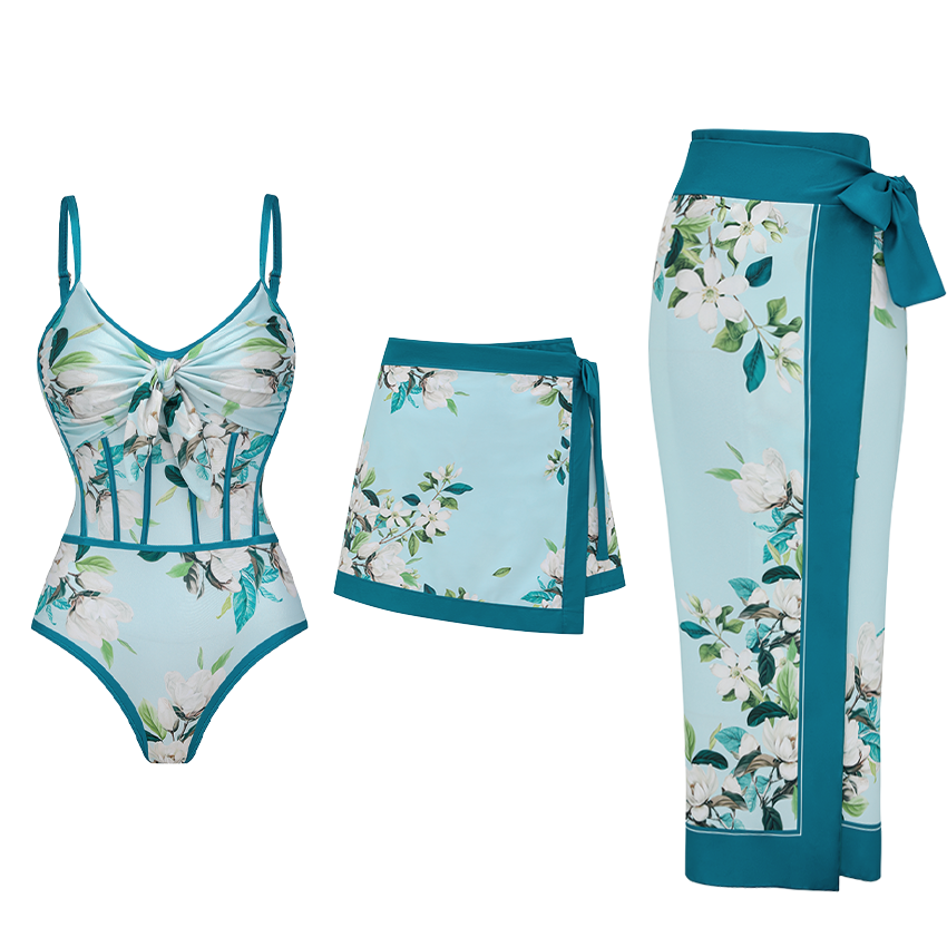 Light Cyan Slim & Sculpt Flower Print Swimsuit Set(s)