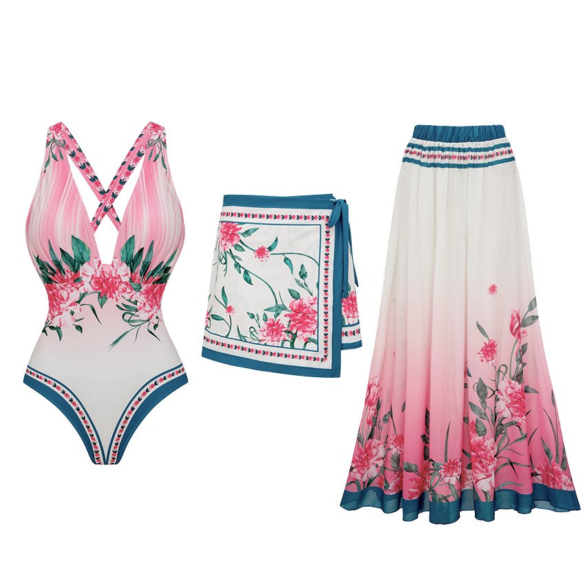 [Copy]V Neck Dark Cyan Botanical Flower Print Swimsuit Set(s)