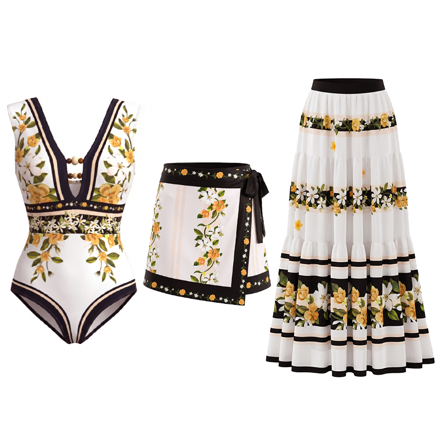 [Copy]V Neck Bead Accents Blue-Pink-Orange Ombre Flower Print Swimsuit Set(s)