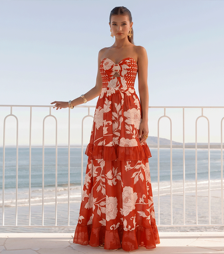 Bandeau Red Flower Print Cut Out Splicing Swimsuit Set(s)