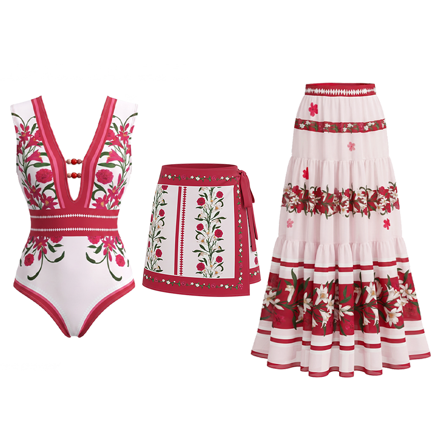 [Copy]V Neck Bead Accents Black Beige And Orange Floral Print Swimsuit Set(s)