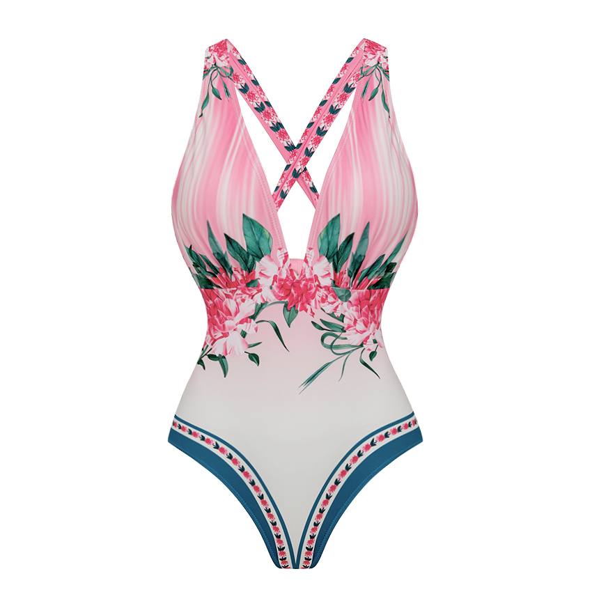 [Copy]V Neck Dark Cyan Botanical Flower Print Swimsuit Set(s)