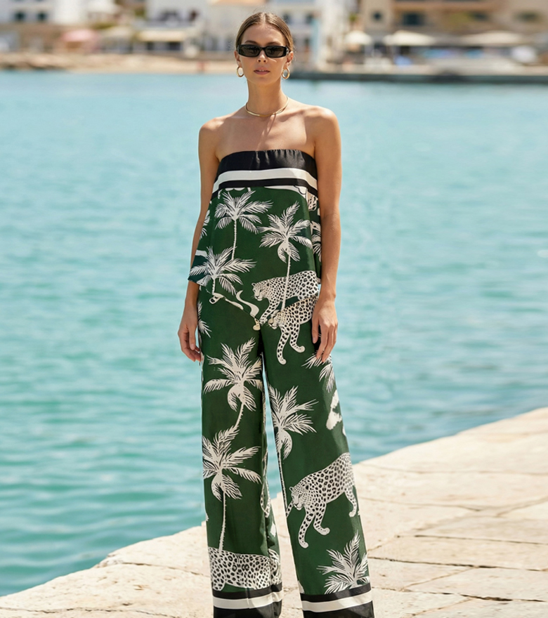 Positioning print strapless long pants set