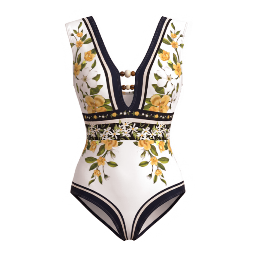 [Copy]V Neck Bead Accents Blue-Pink-Orange Ombre Flower Print Swimsuit Set(s)