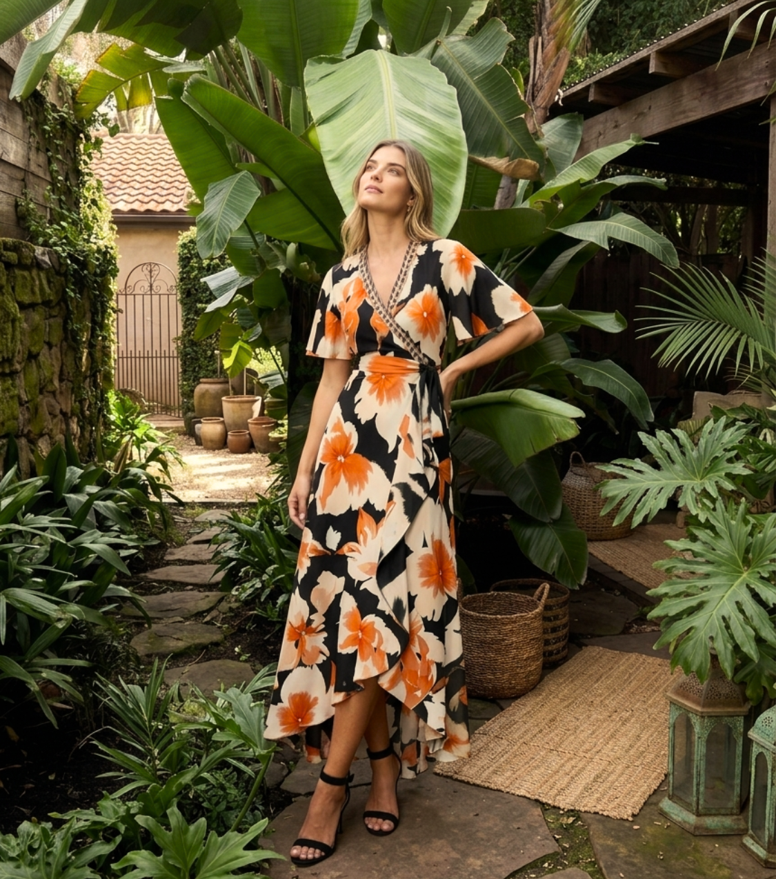 Orange Floral Print Flutter Sleeve Belted Wrap Ruffle Midi Dress