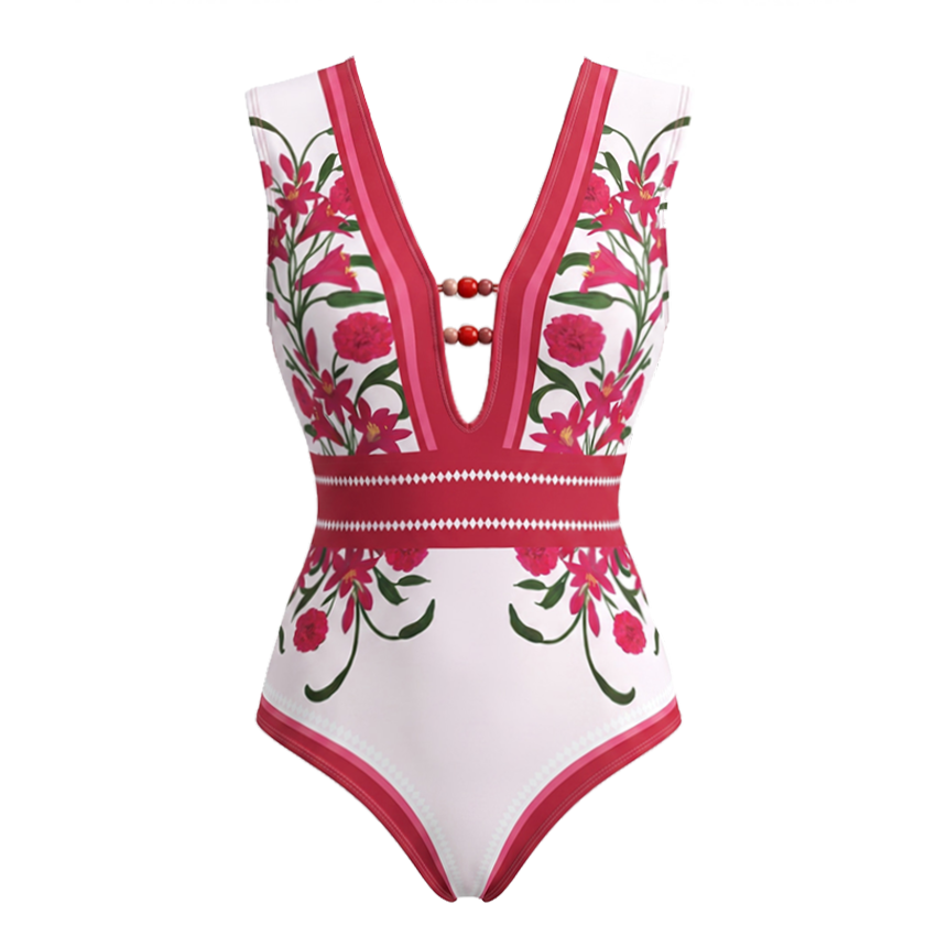 [Copy]V Neck Bead Accents Black Beige And Orange Floral Print Swimsuit Set(s)