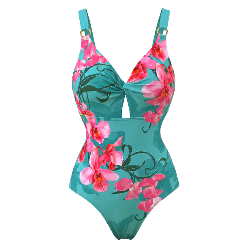 [Copy]V Neck Bead Accents Blue-Pink-Orange Ombre Flower Print Swimsuit Set(s)