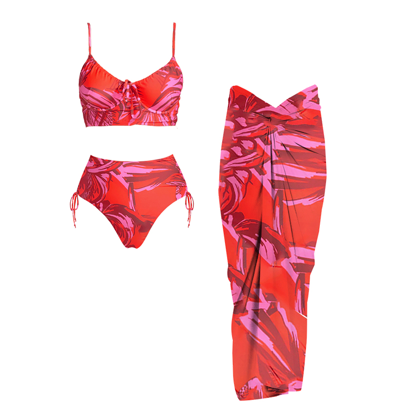 Sling Red Printed Drawstring Swimsuit Set(s)