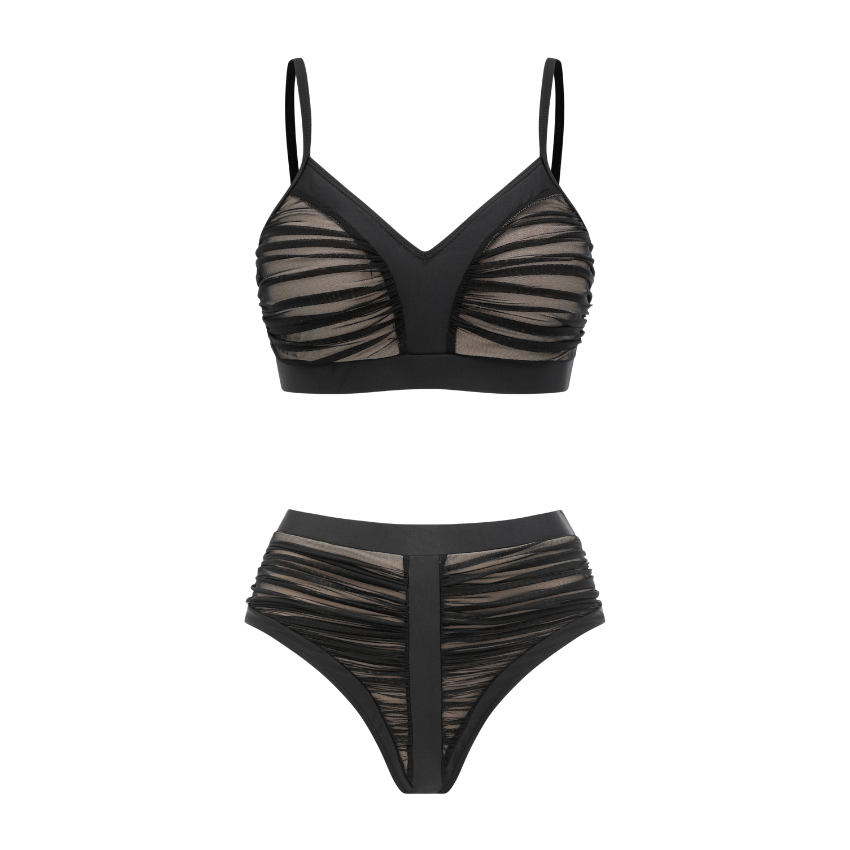 Black Mesh Fabric Ruched Swimsuit Set(s)