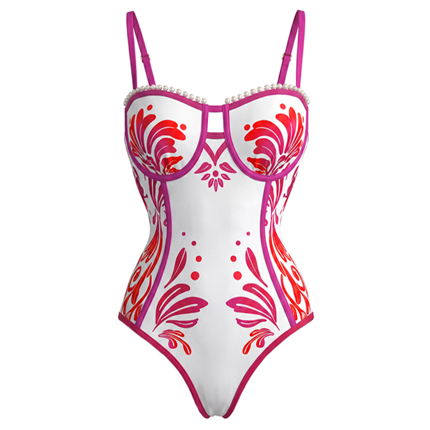 Pearl-Trimmed Fuchsia & Coral Print Corset Bathing SuiSlim & Sculpt Floral Swimsuit Set(s)
