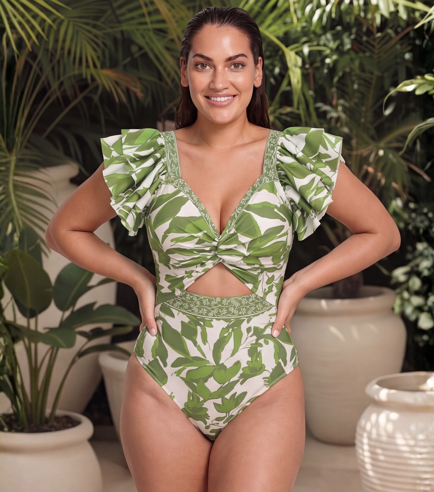 Plus Size Ruffle V Neck Green Print Cut Out Swimsuit Set(s)