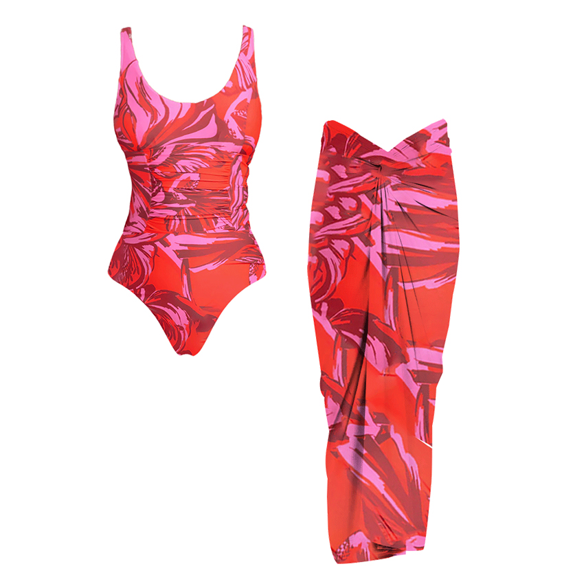 Round Neck Ruched Printed Red Swimsuit Set(s)