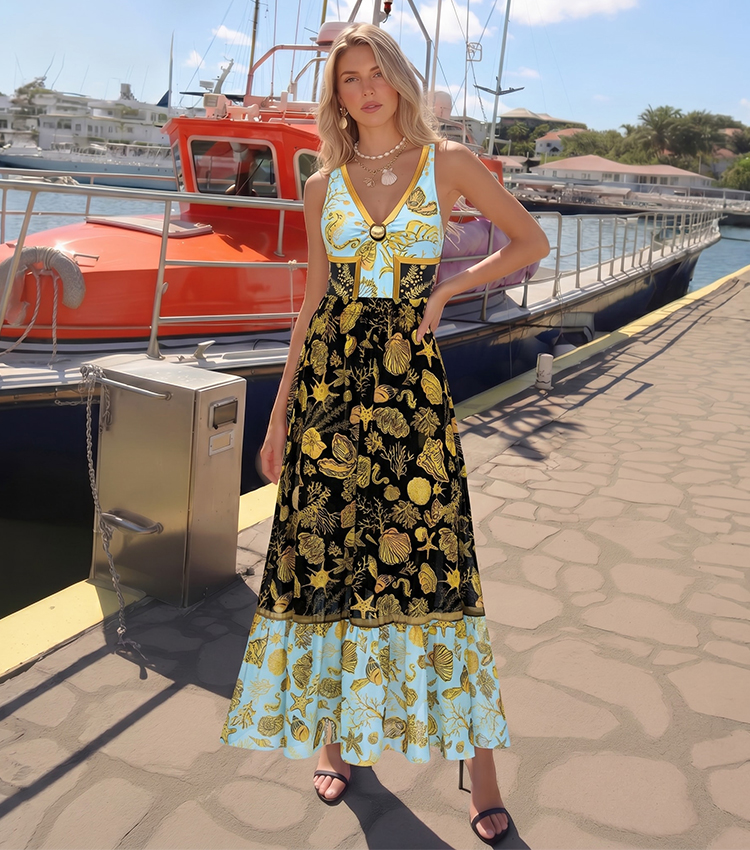 V-Neck Shell Embellishments Printed Swimsuit Set(s)