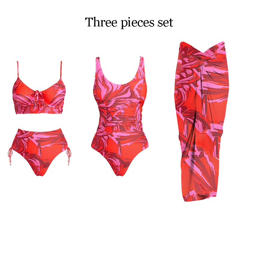 Round Neck Ruched Printed Red Swimsuit Set(s)