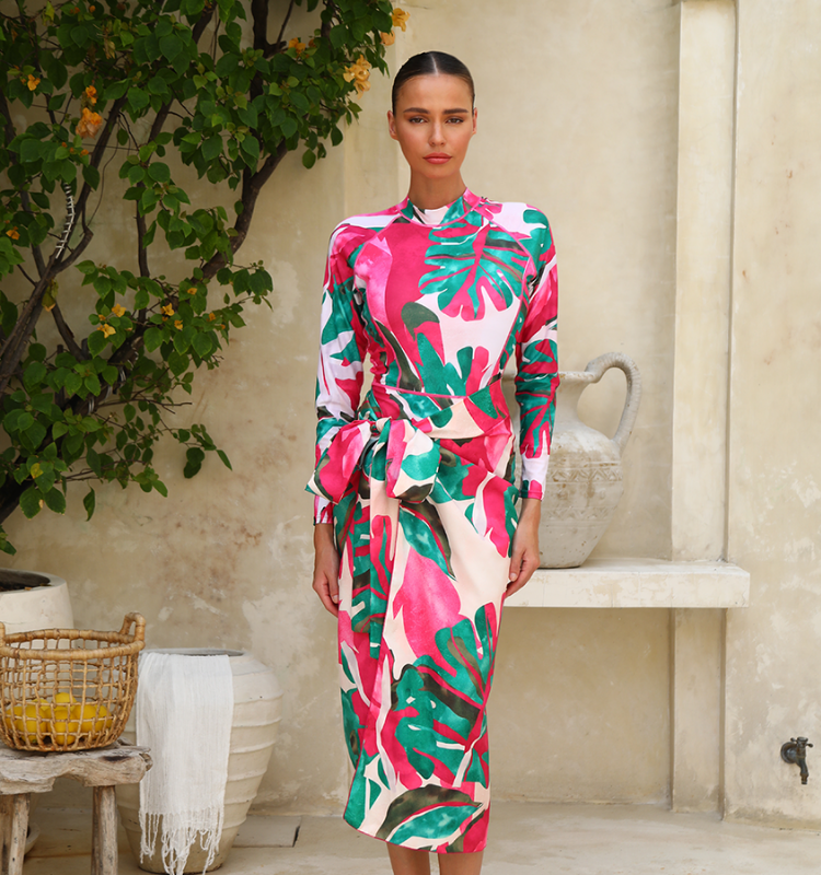 Abstract Rose Red Contrast Print Long sleeve  One Piece Swimsuit and Skirt