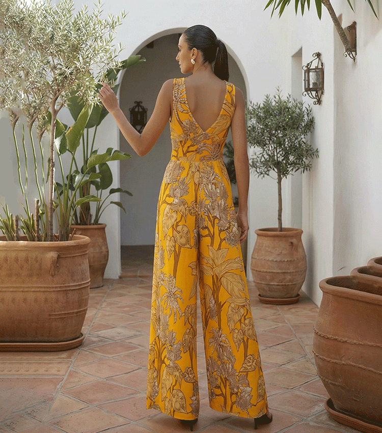 V Neck Yellow Plant Print Swimsuit Set(s)